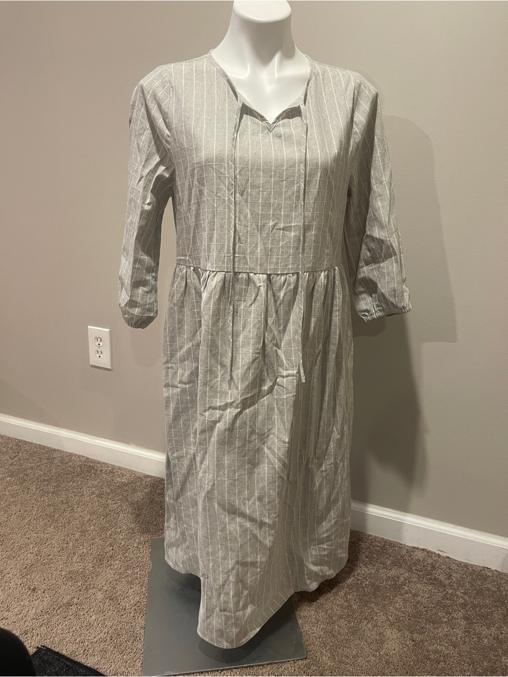 Striped Light Gray Midi Dress with Gathered Waist